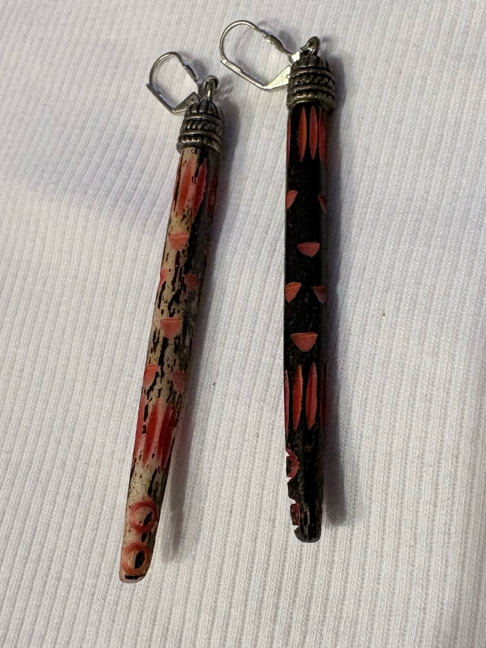 Hand-Painted Long Carved Wood Drop Earrings.